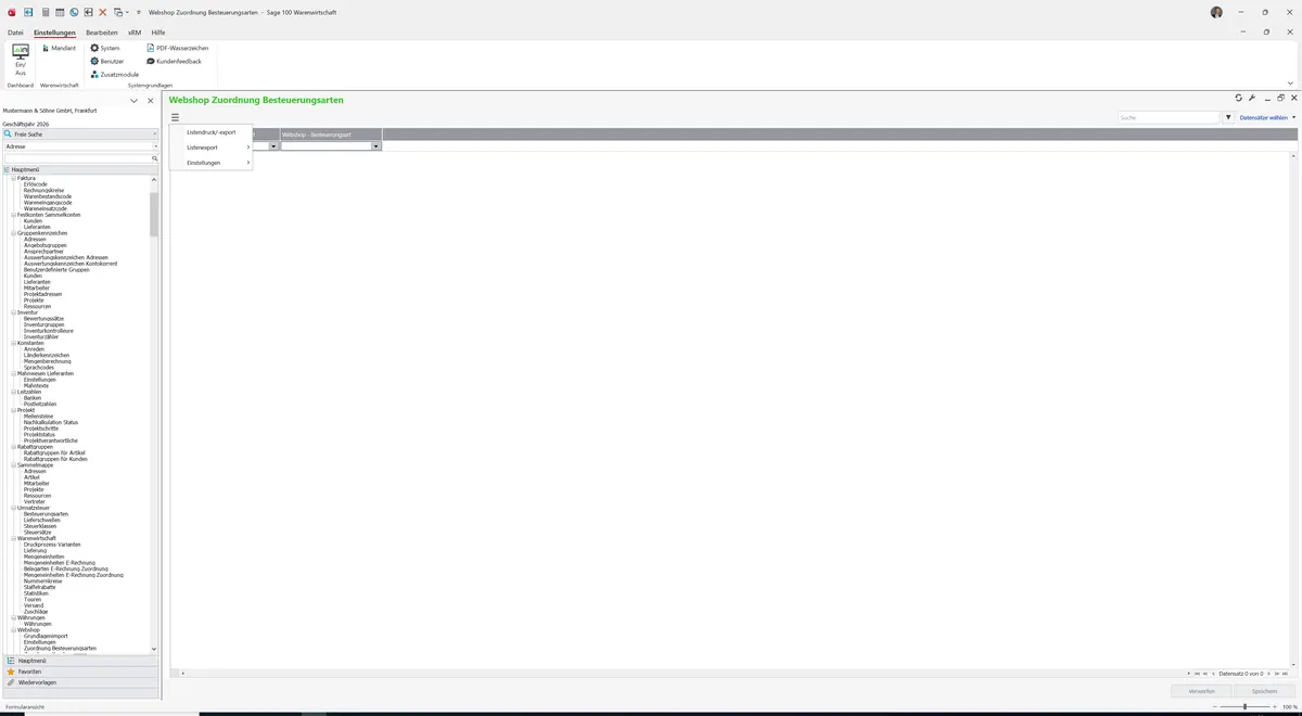 Sage 100 9.0.5.11 Webshop Zuordnung Besteuerungsarten: Datenklassenmenü
