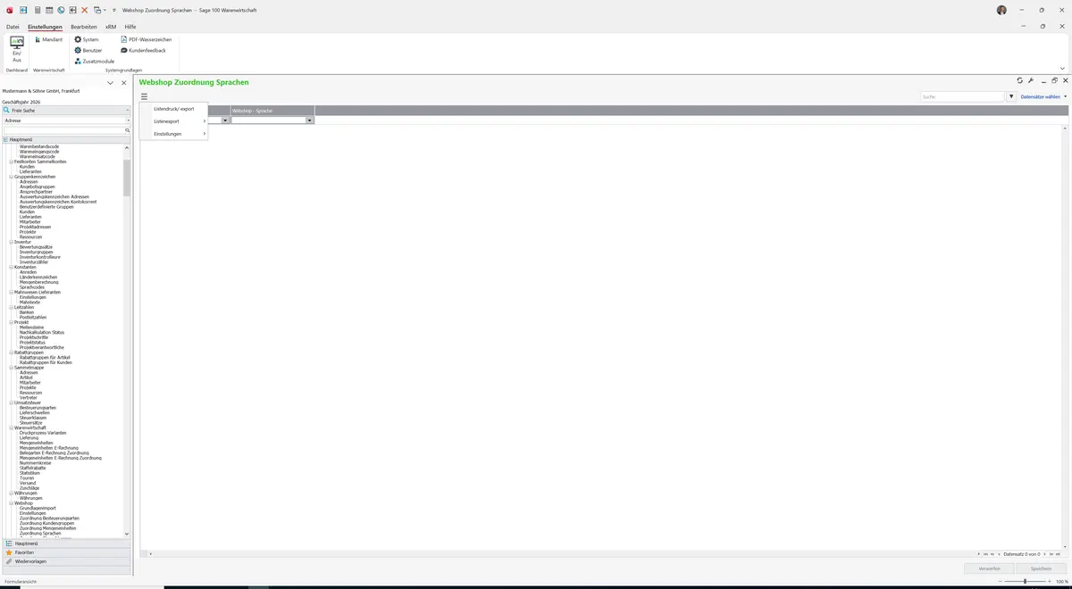 Sage 100 9.0.5.11 Webshop Zuordnung Sprachen: Datenklassenmenü