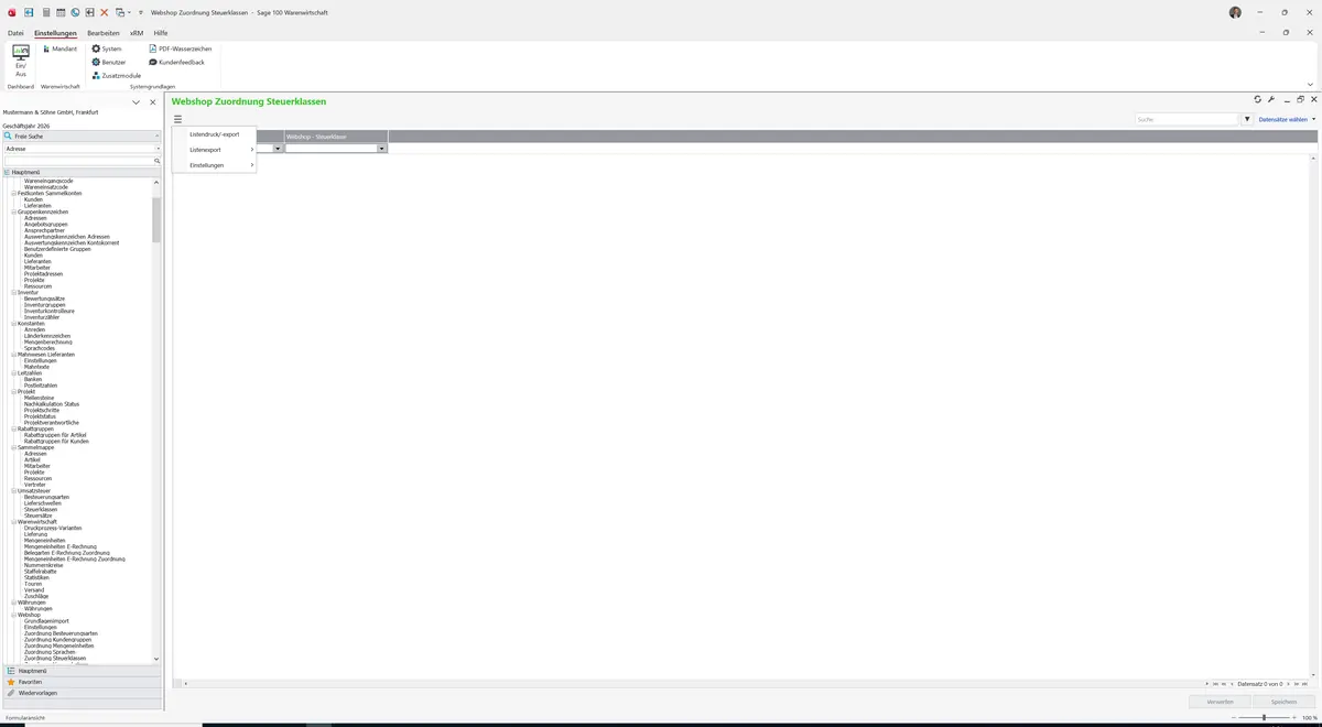 Sage 100 9.0.5.11 Webshop Zuordnung Steuerklassen: Datenklassenmenü