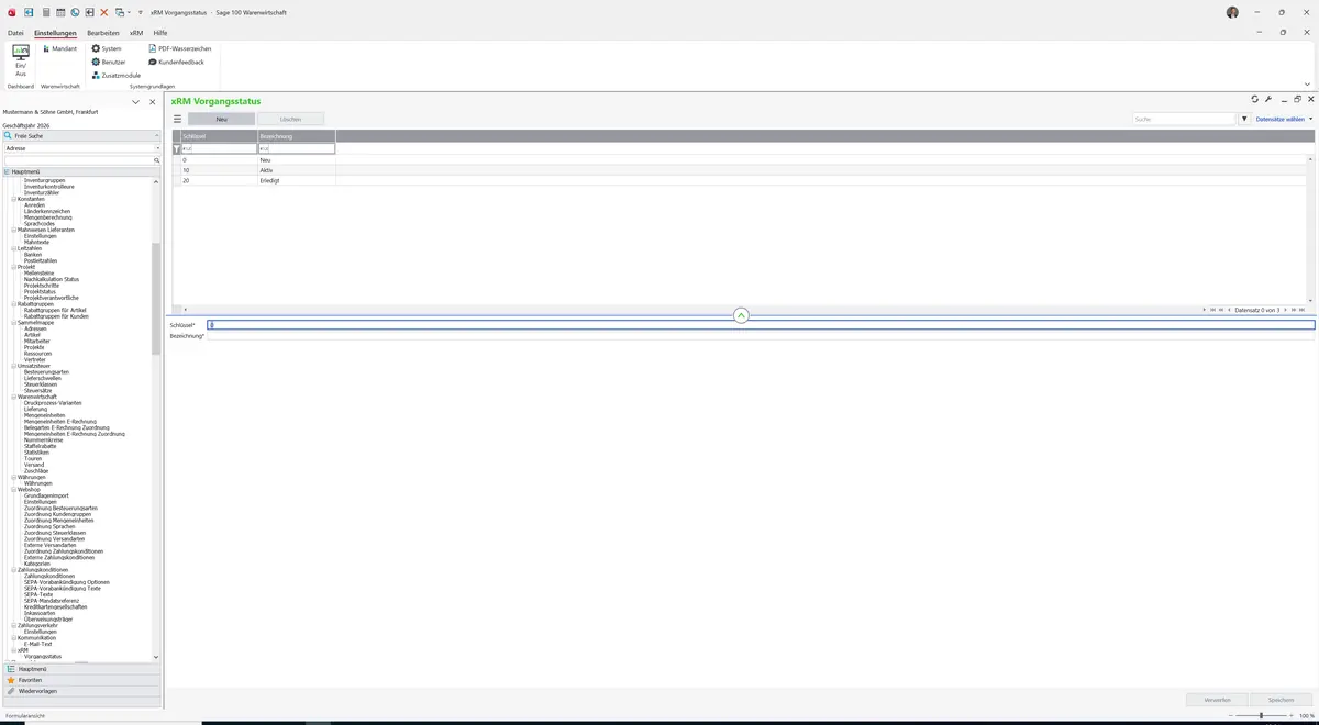 Sage 100 9.0.5.11 xRM Vorgangsstatus: Maske xRM Vorgangsstatus