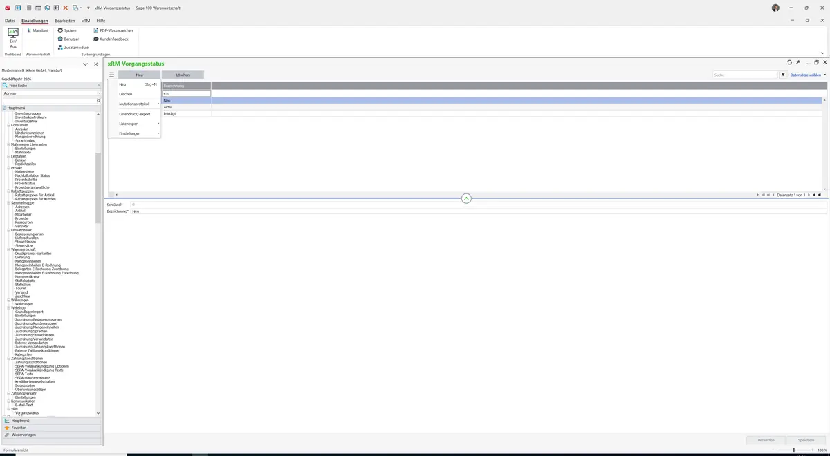 Sage 100 9.0.5.11 xRM Vorgangsstatus: Datenklassenmenü