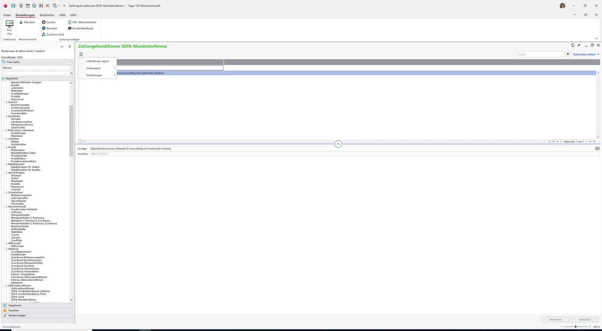 Sage 100 9.0.5.11 Zahlungskonditionen SEPA-Mandatsreferenz: Datenklassenmenü