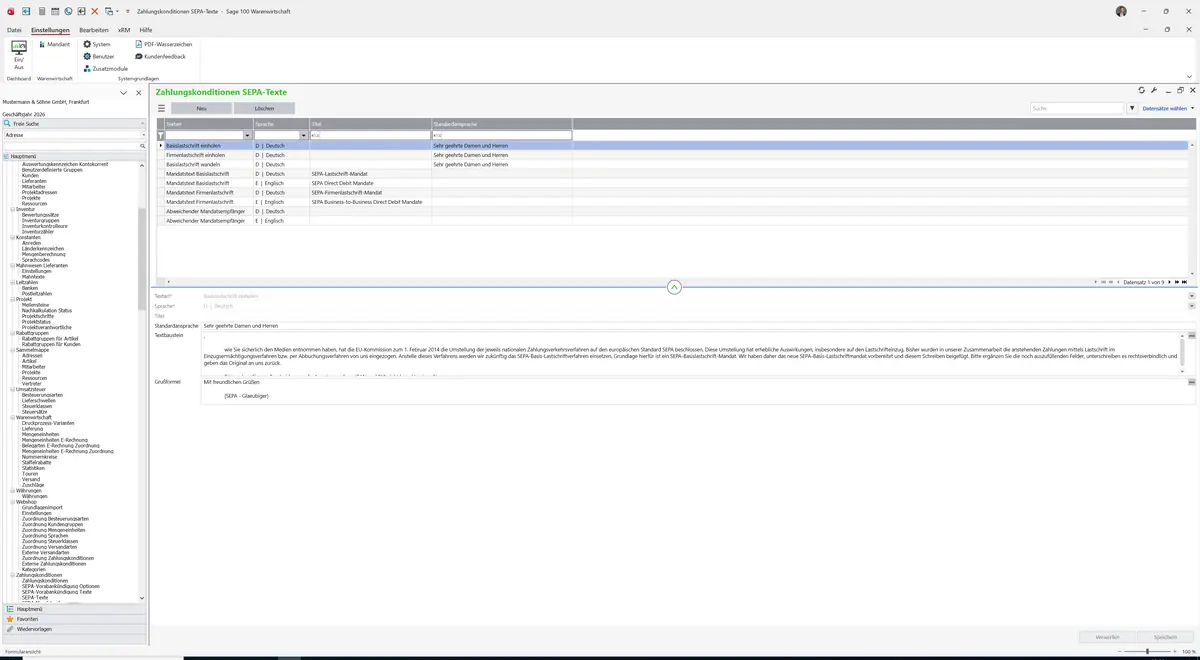 Sage 100 9.0.5.11 Zahlungskonditionen SEPA-Texte: Datensatz geladen