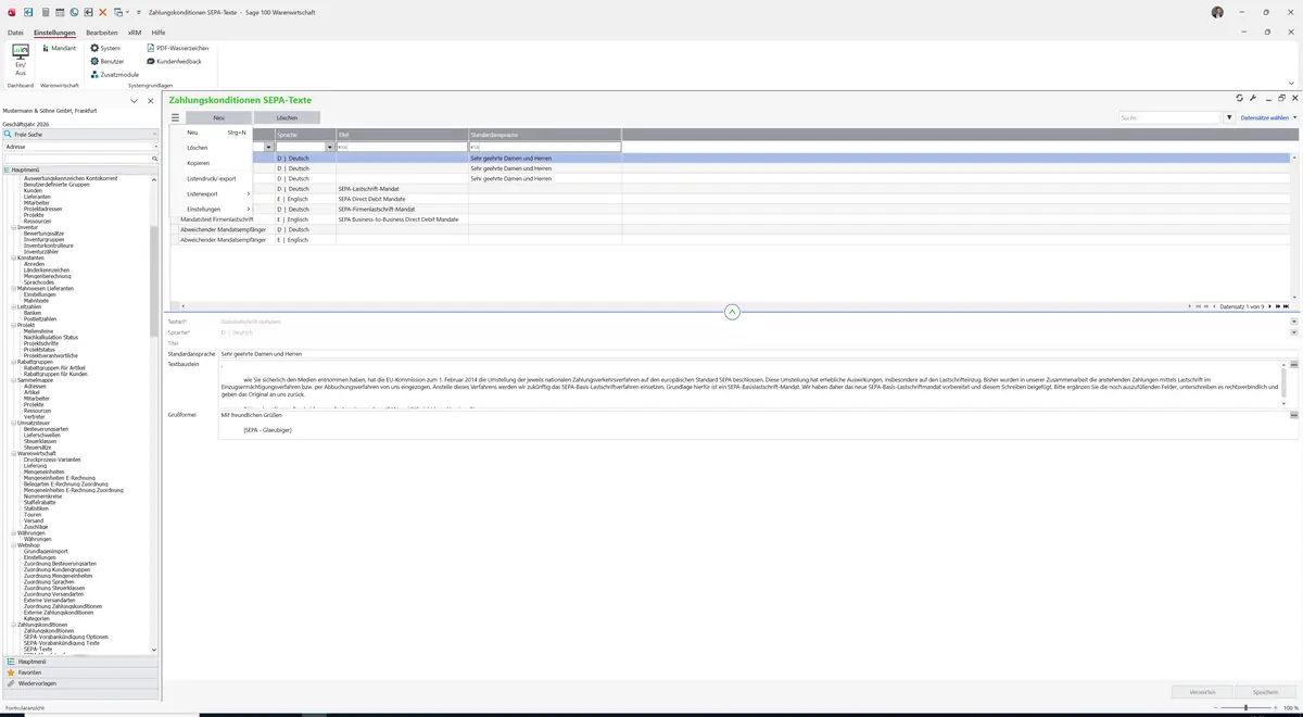 Sage 100 9.0.5.11 Zahlungskonditionen SEPA-Texte: Datenklassenmenü