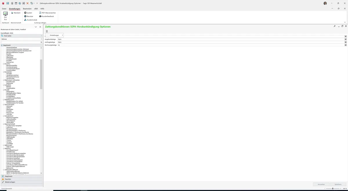 Sage 100 9.0.5.11 Zahlungskonditionen SEPA-Vorabankündigung Optionen: Datenklassenmenü
