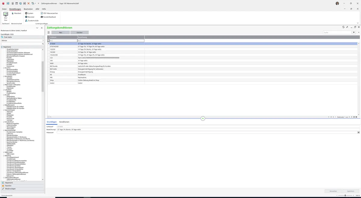 Sage 100 9.0.5.11 Zahlungskonditionen: Datensatz geladen