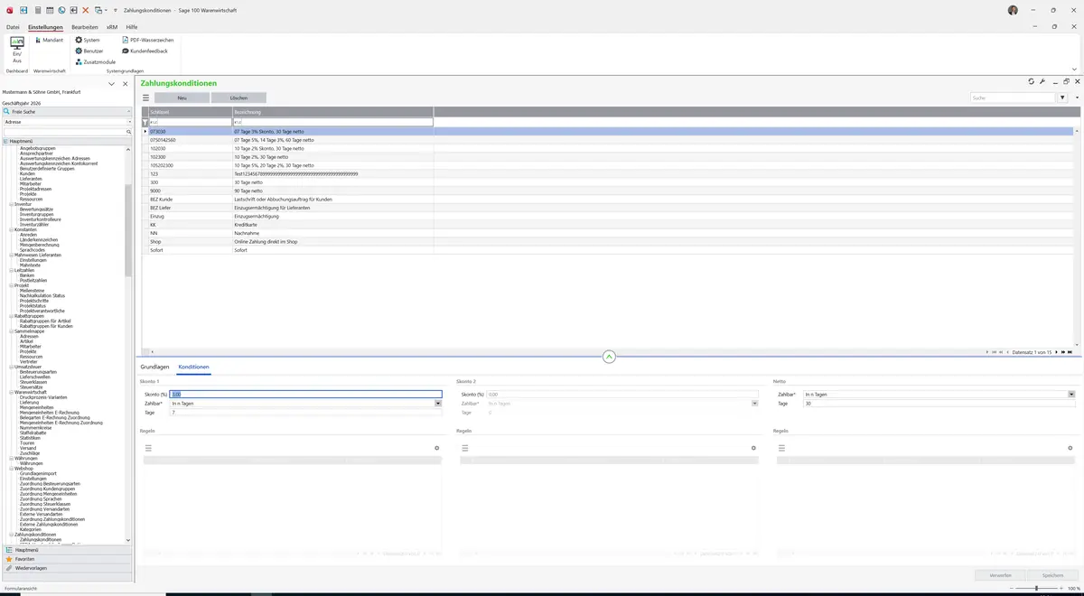 Sage 100 9.0.5.11 Zahlungskonditionen: Register Konditionen
