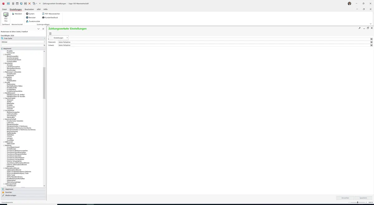 Sage 100 9.0.5.11 Zahlungsverkehr Einstellungen: Datenklassenmenü