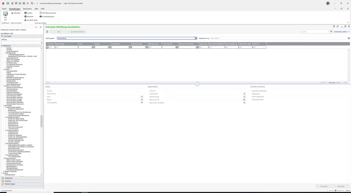 Sage 100 9.0.5.11 Intrastat-Meldung bearbeiten: Maske Intrastat-Meldung bearbeiten