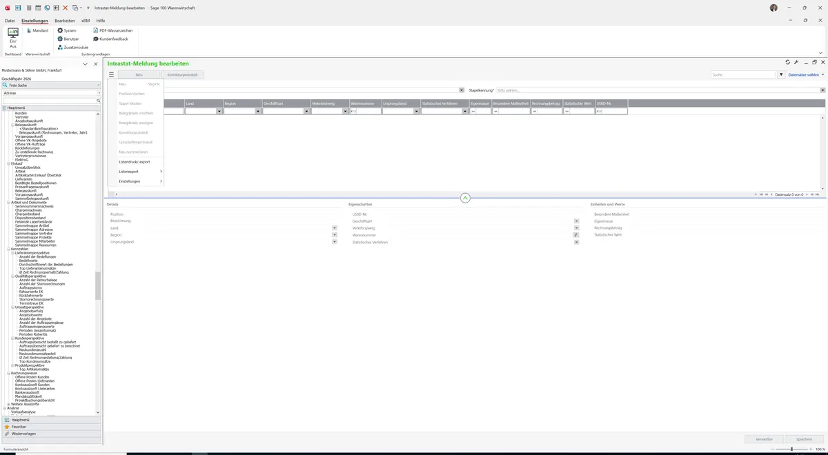 Sage 100 9.0.5.11 Intrastat-Meldung bearbeiten: Datenklassenmenü