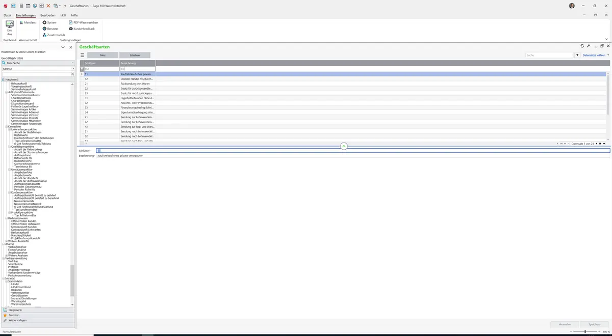 Sage 100 9.0.5.11 Geschäftsarten: Register Standard