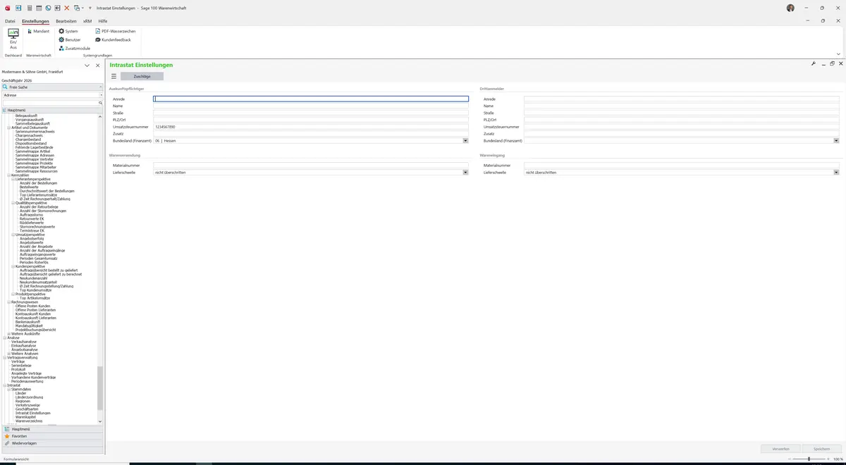 Sage 100 9.0.5.11 Intrastat Einstellungen: Maske Intrastat Einstellungen