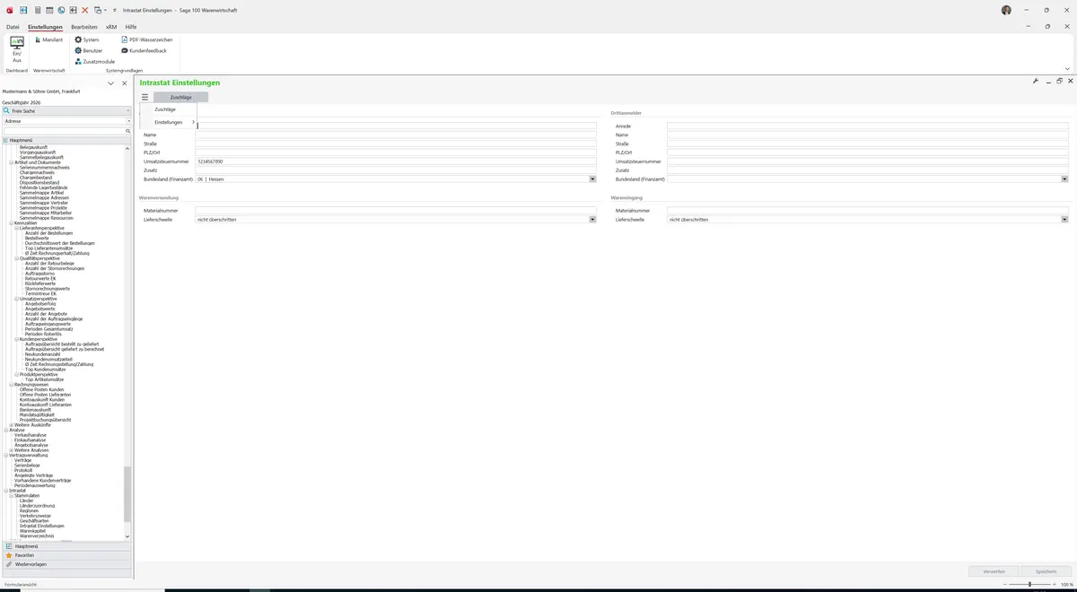 Sage 100 9.0.5.11 Intrastat Einstellungen: Datenklassenmenü