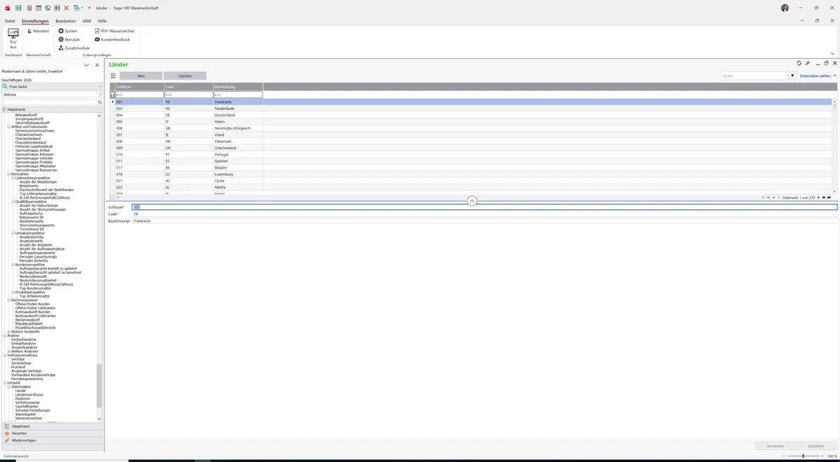 Sage 100 9.0.5.11 Länder: Register Standard