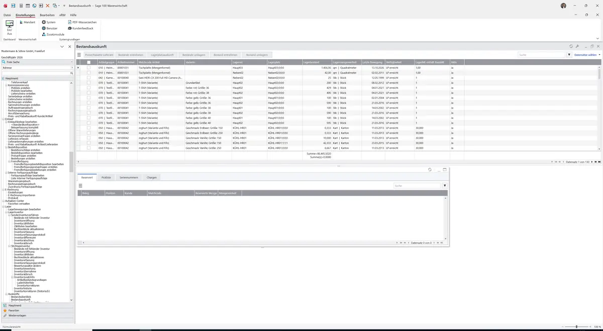 Sage 100 9.0.5.11 Bestandsauskunft: Register Reserviert