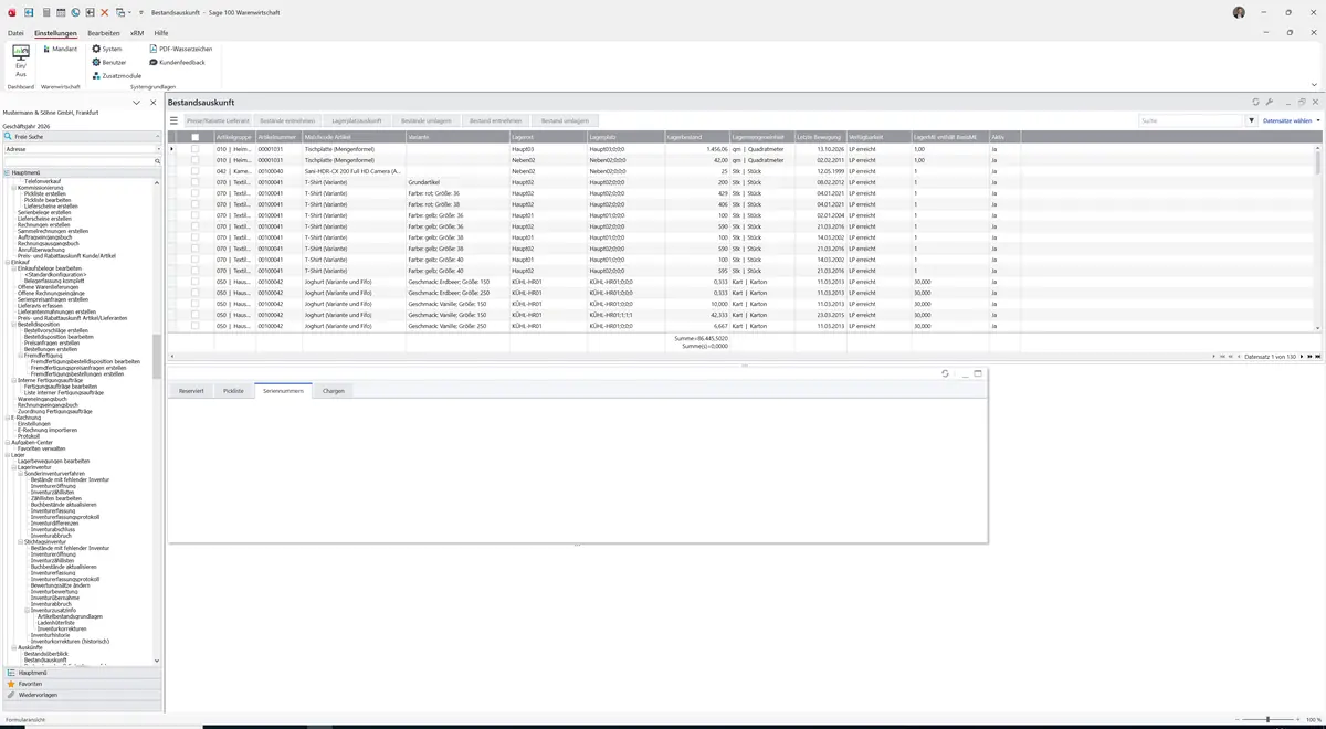 Sage 100 9.0.5.11 Bestandsauskunft: Register Seriennummern