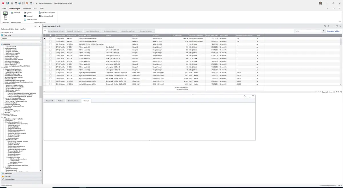 Sage 100 9.0.5.11 Bestandsauskunft: Register Chargen