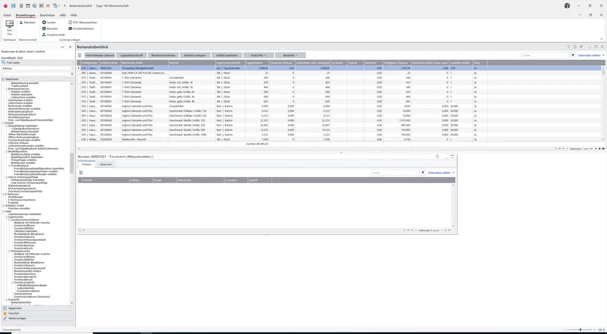 Sage 100 9.0.5.11 Bestandsüberblick: Register Pickliste