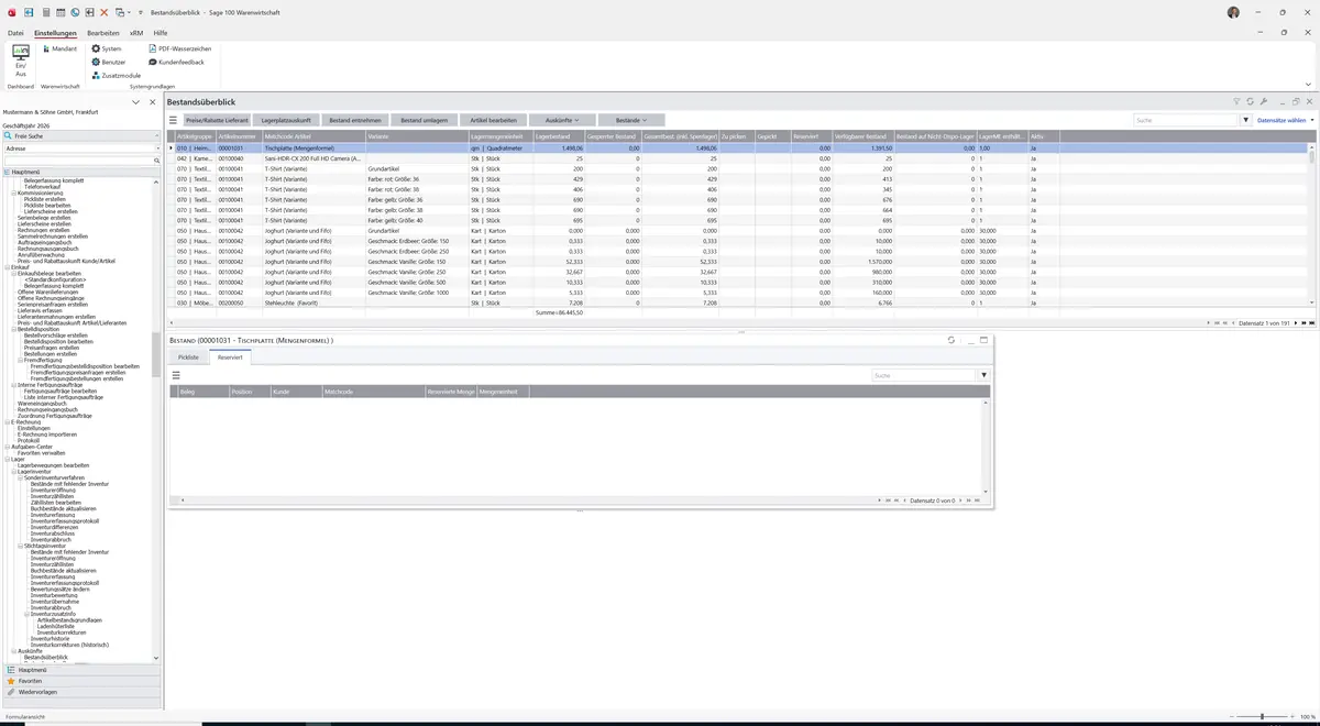 Sage 100 9.0.5.11 Bestandsüberblick: Register Reserviert