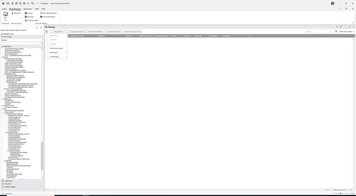 Sage 100 9.0.5.11 EK-Belege: Datenklassenmenü