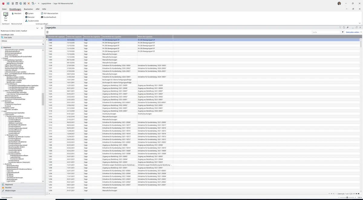 Sage 100 9.0.5.11 Lagerjobliste: Ergebnisliste Lagerjobs