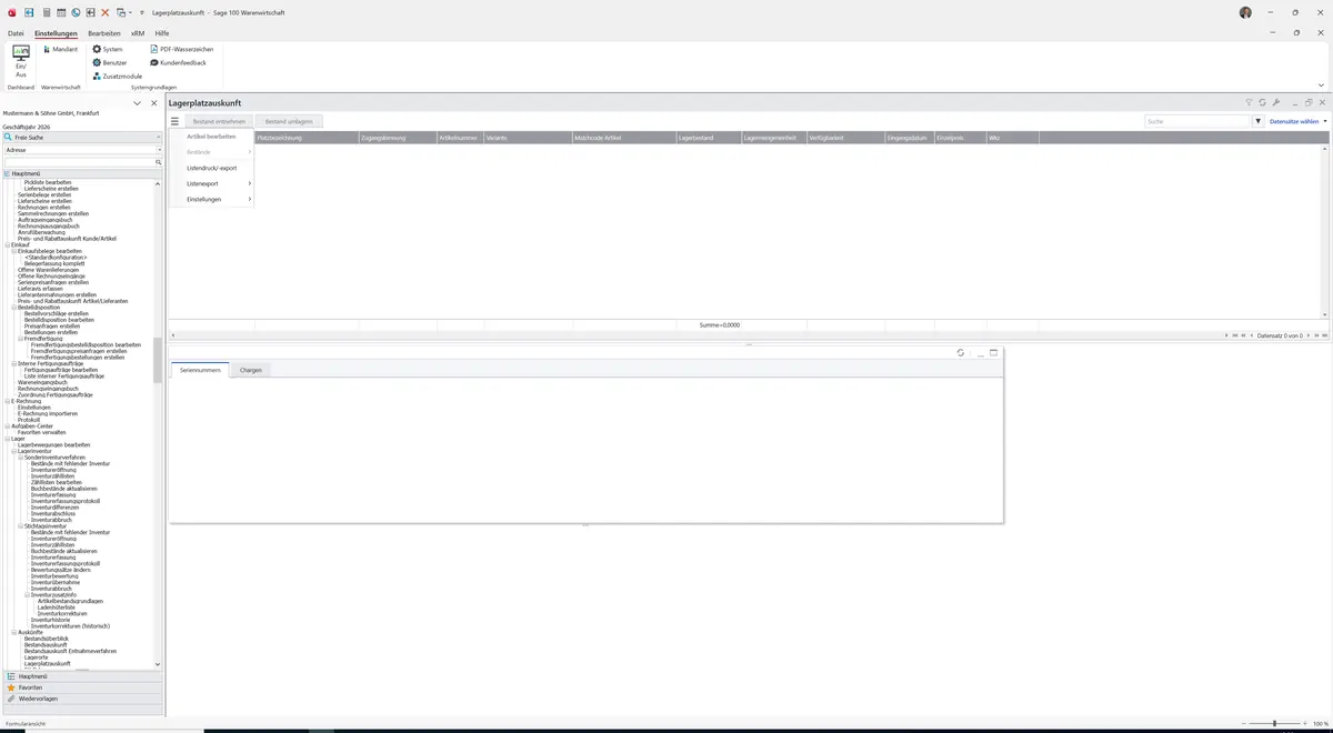Sage 100 9.0.5.11 Lagerplatzauskunft: Datenklassenmenü