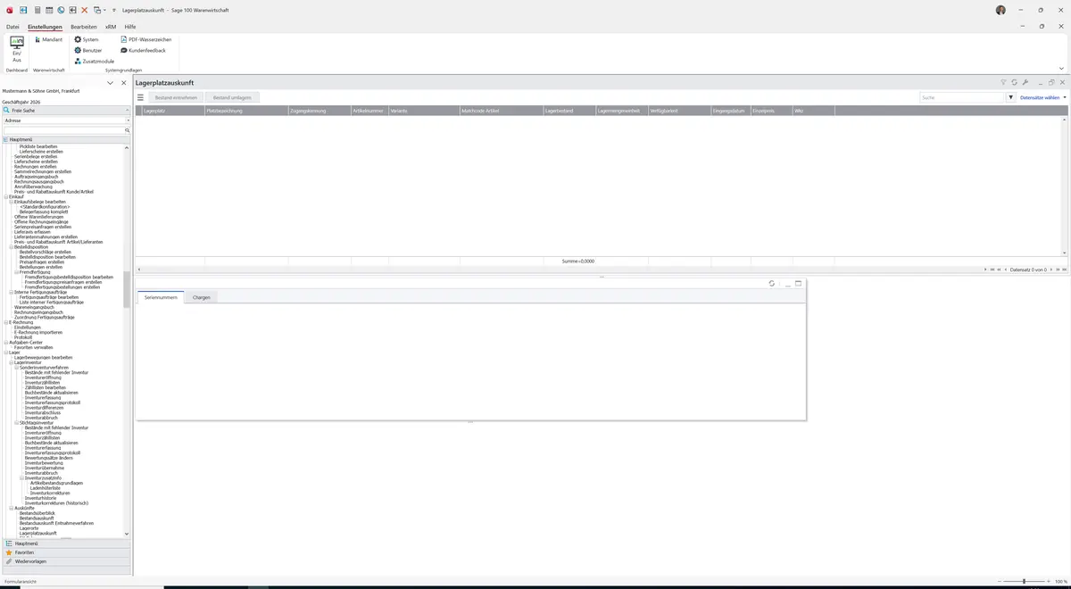 Sage 100 9.0.5.11 Lagerplatzauskunft: Register Seriennummern