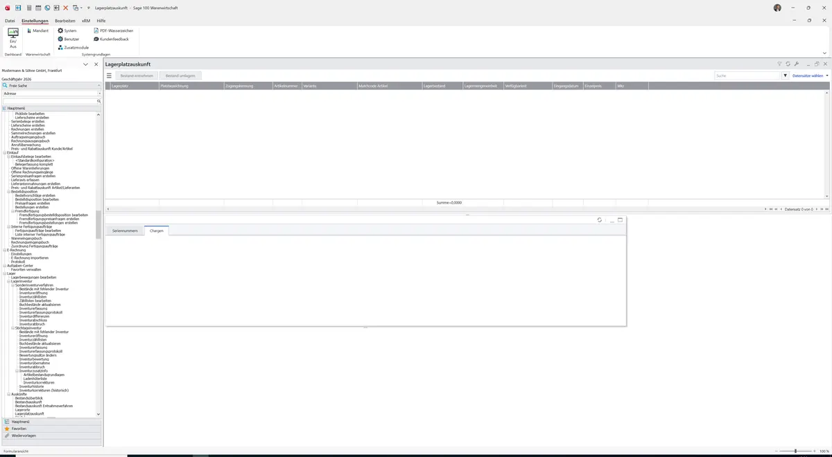 Sage 100 9.0.5.11 Lagerplatzauskunft: Register Chargen