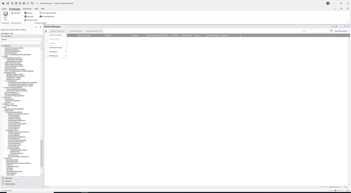 Sage 100 9.0.5.11 Rückmeldungen: Datenklassenmenü