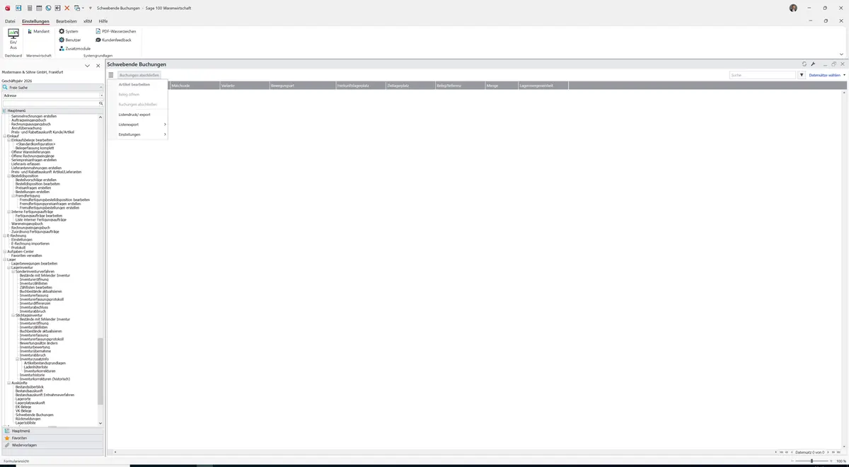 Sage 100 9.0.5.11 Schwebende Buchungen: Datenklassenmenü