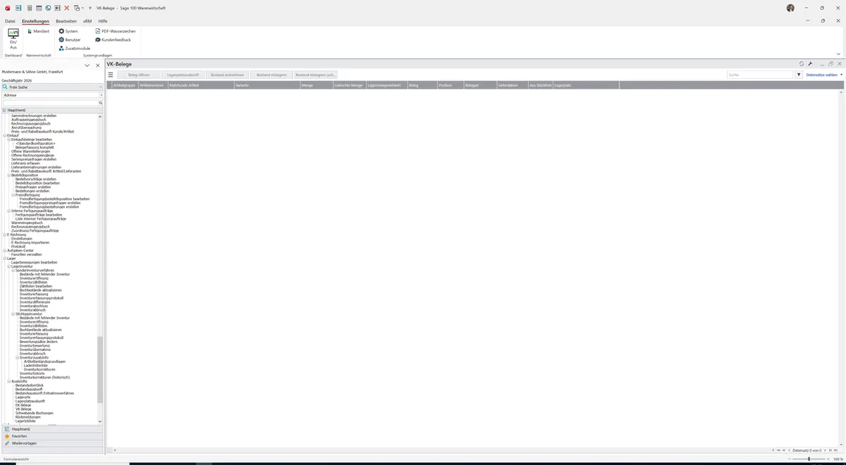 Sage 100 9.0.5.11 VK-Belege: Maske VK-Belege