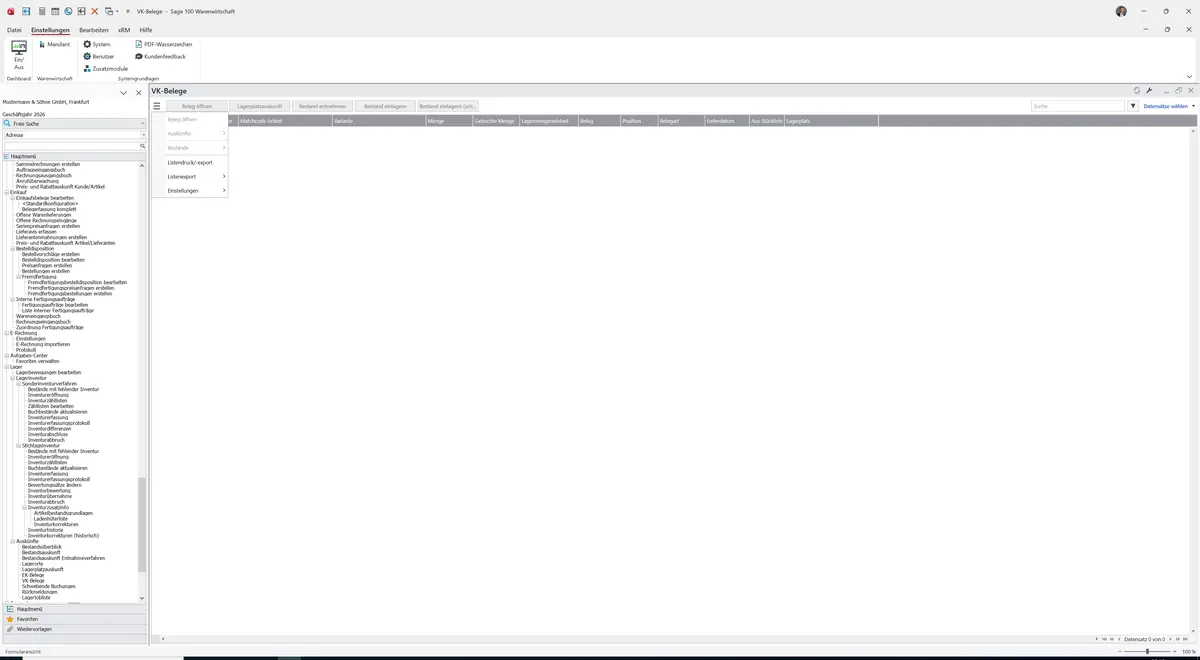 Sage 100 9.0.5.11 VK-Belege: Datenklassenmenü