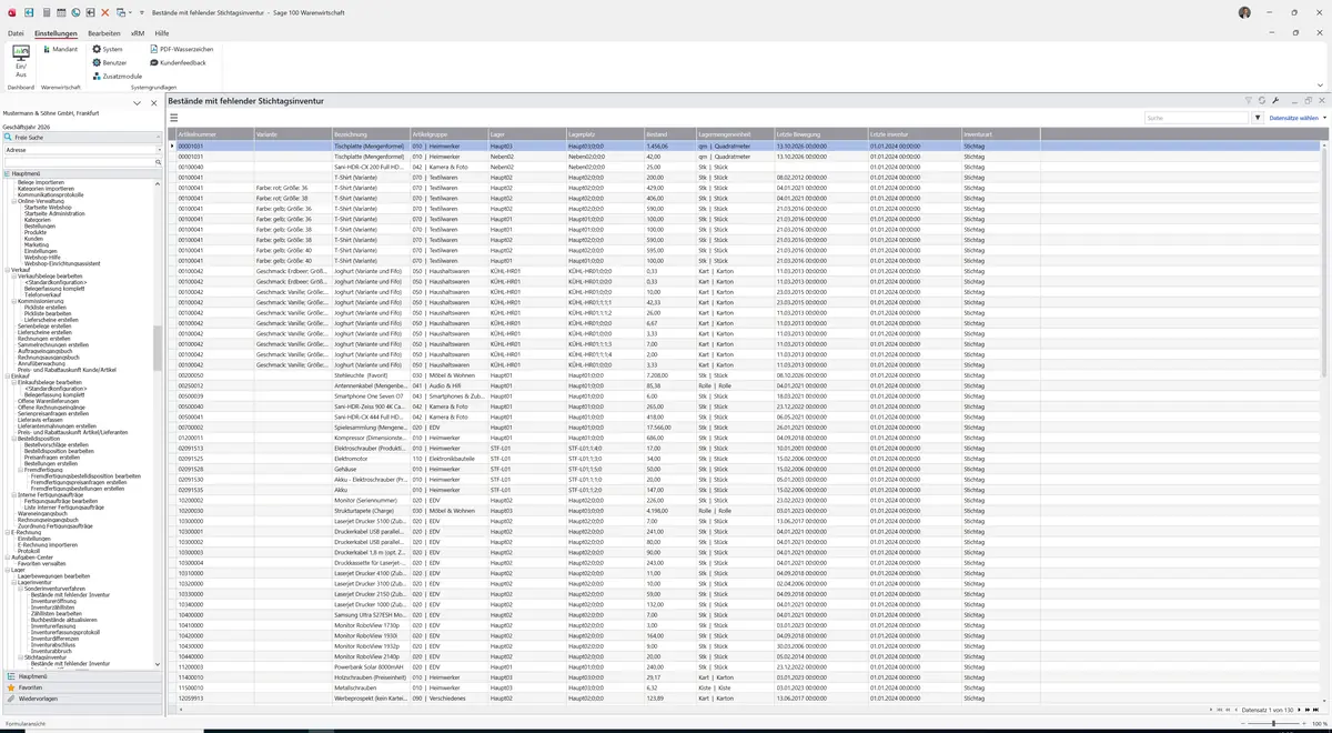 Sage 100 9.0.5.11 Bestände mit fehlender Stichtagsinventur: Ergebnisliste