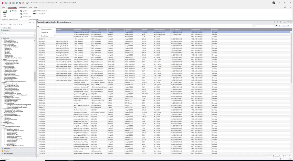 Sage 100 9.0.5.11 Bestände mit fehlender Stichtagsinventur: Datenklassenmenü