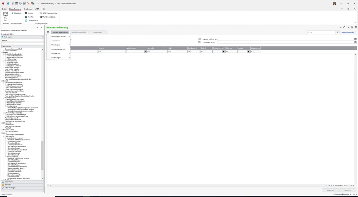 Sage 100 9.0.5.11 Inventurerfassung: Datenklassenmenü