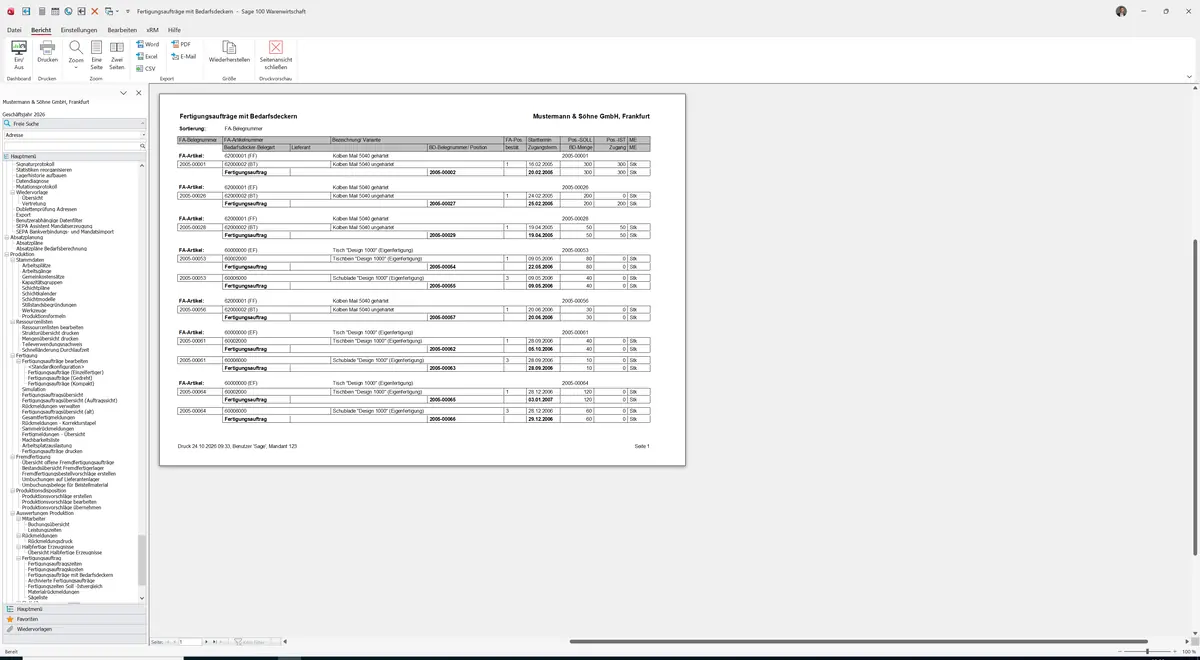 Sage 100 9.0.5.11 Aufträge mit Bedarfsdeckern: Berichtsvorschau Bedarfsdecker