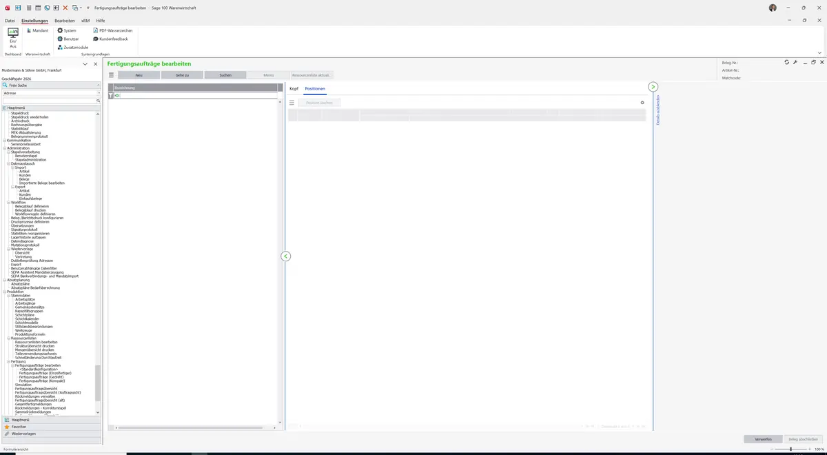 Sage 100 9.0.5.11 Fertigungsaufträge bearbeiten (Standardkonfiguration): Register Positionen