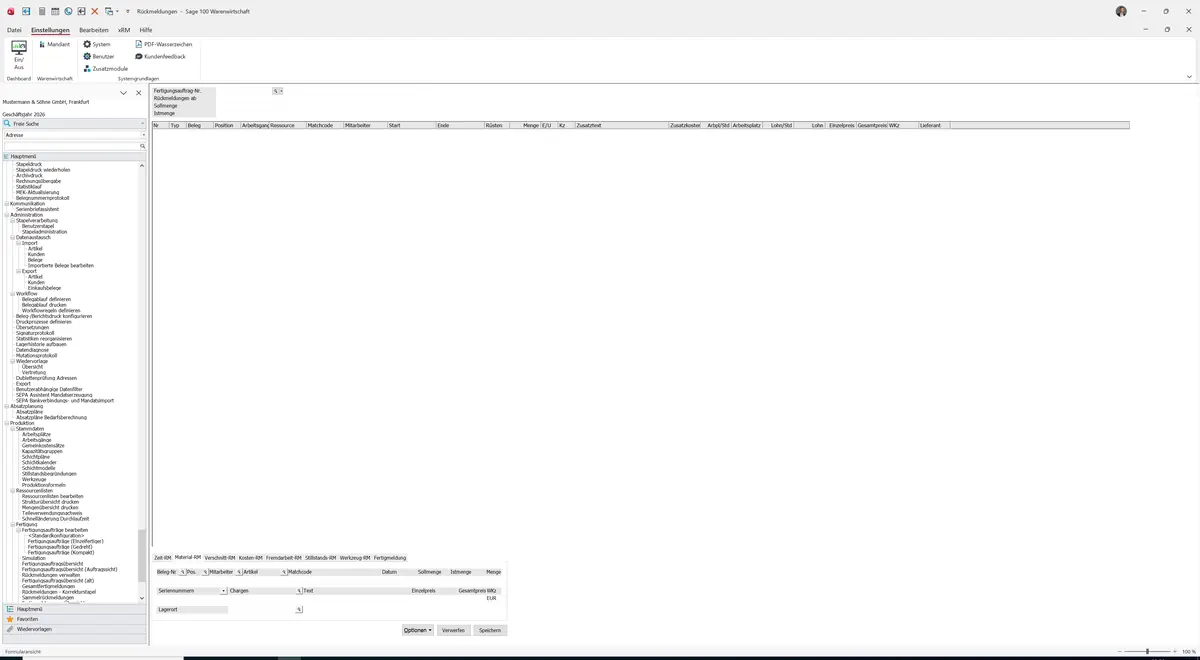 Sage 100 9.0.5.11 Rückmeldungen: Register Material-RM