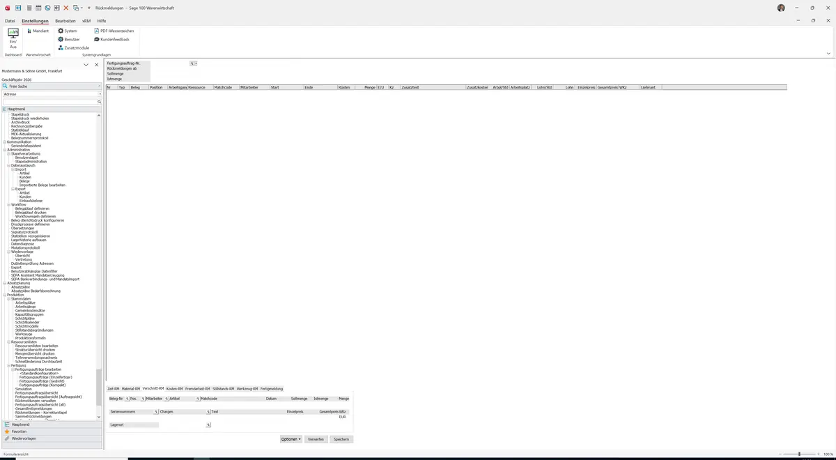 Sage 100 9.0.5.11 Rückmeldungen: Register Verschnitt-RM