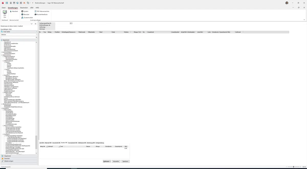 Sage 100 9.0.5.11 Rückmeldungen: Register Kosten-RM