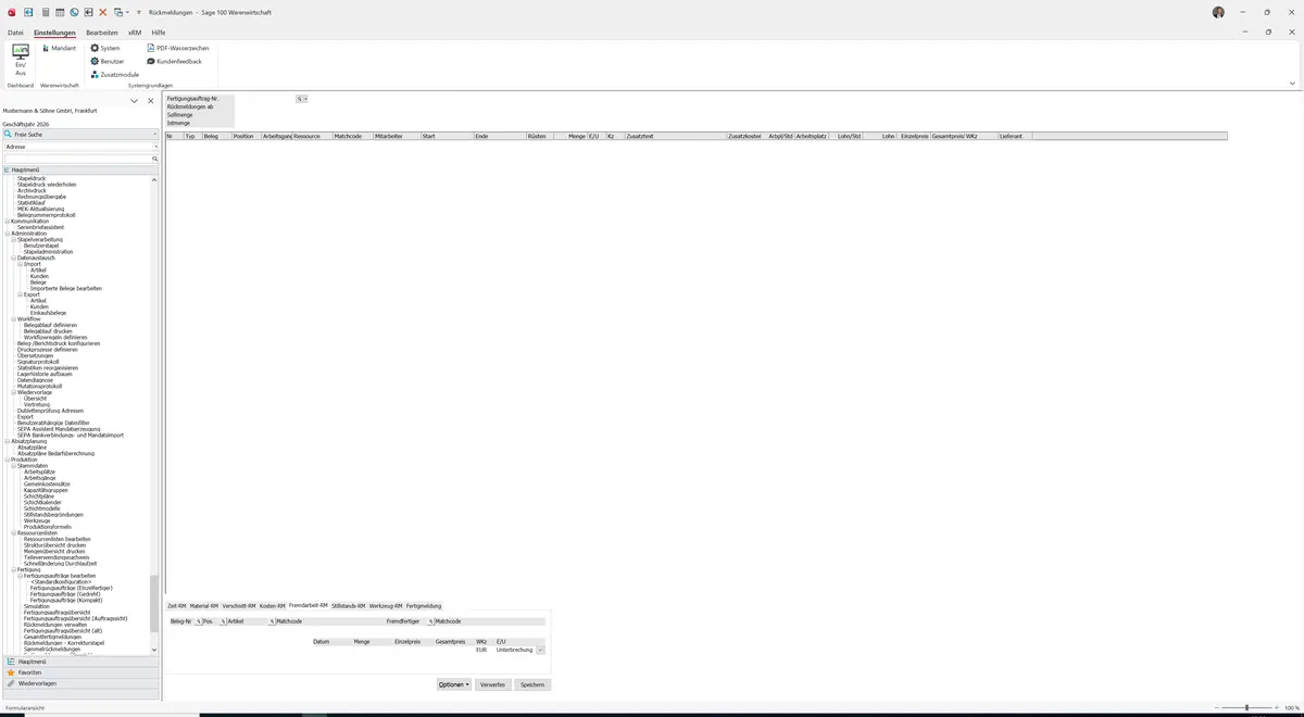 Sage 100 9.0.5.11 Rückmeldungen: Register Fremdarbeit-RM