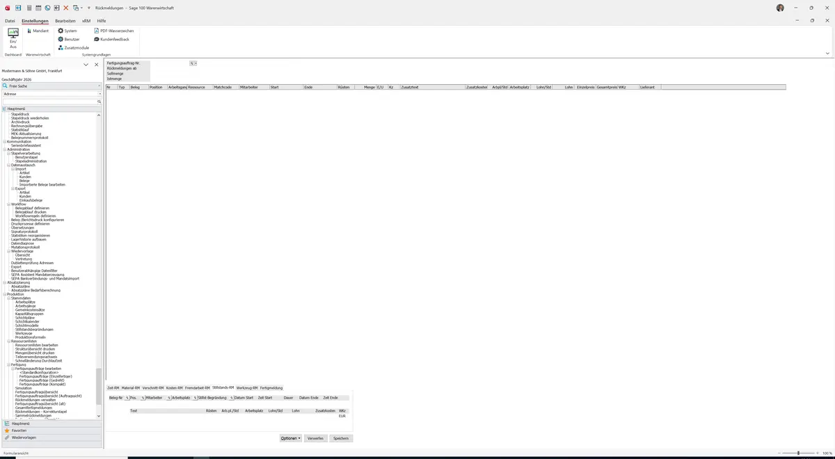 Sage 100 9.0.5.11 Rückmeldungen: Register Stillstands-RM