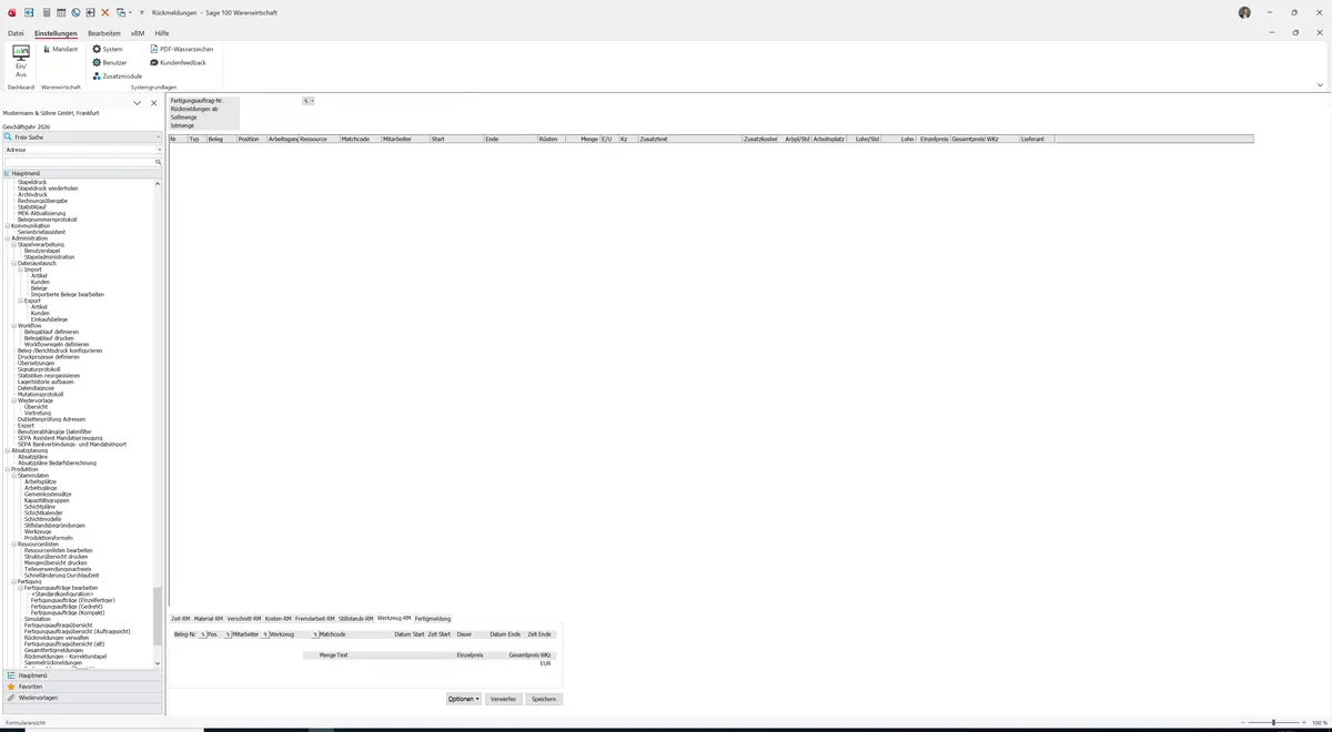 Sage 100 9.0.5.11 Rückmeldungen: Register Werkzeug-RM