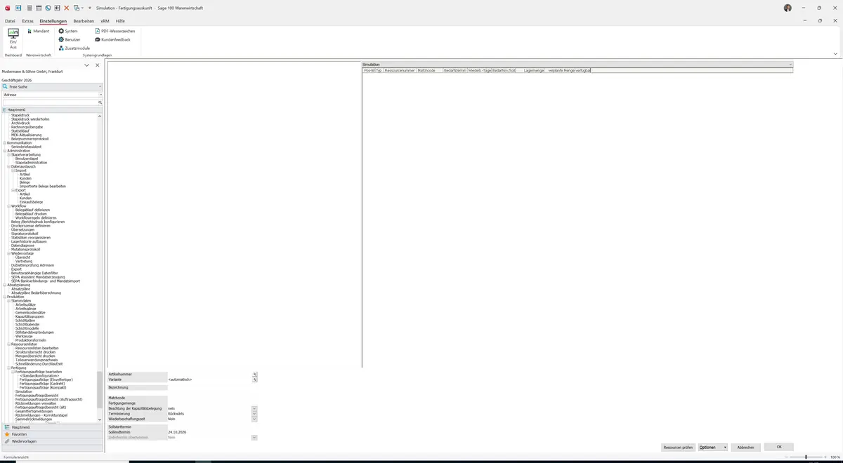 Sage 100 9.0.5.11 Simulation - Fertigungsauskunft: Maske Simulation - Fertigungsauskunft