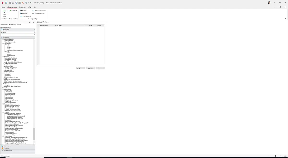Sage 100 9.0.5.11 Umbuchungsbeleg: Register Positionen
