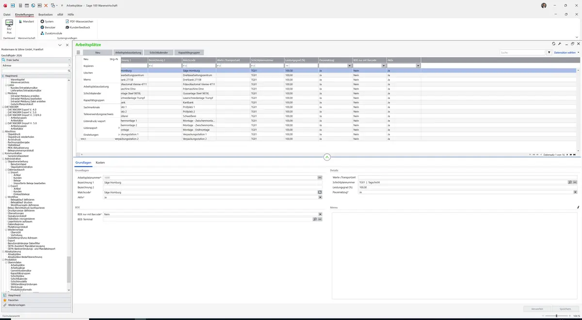 Sage 100 9.0.5.11 Arbeitsplätze: Datenklassenmenü