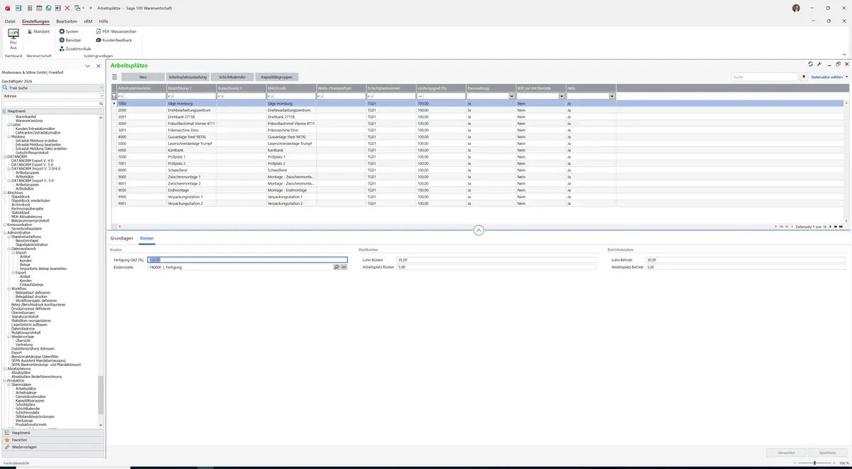 Sage 100 9.0.5.11 Arbeitsplätze: Register Kosten