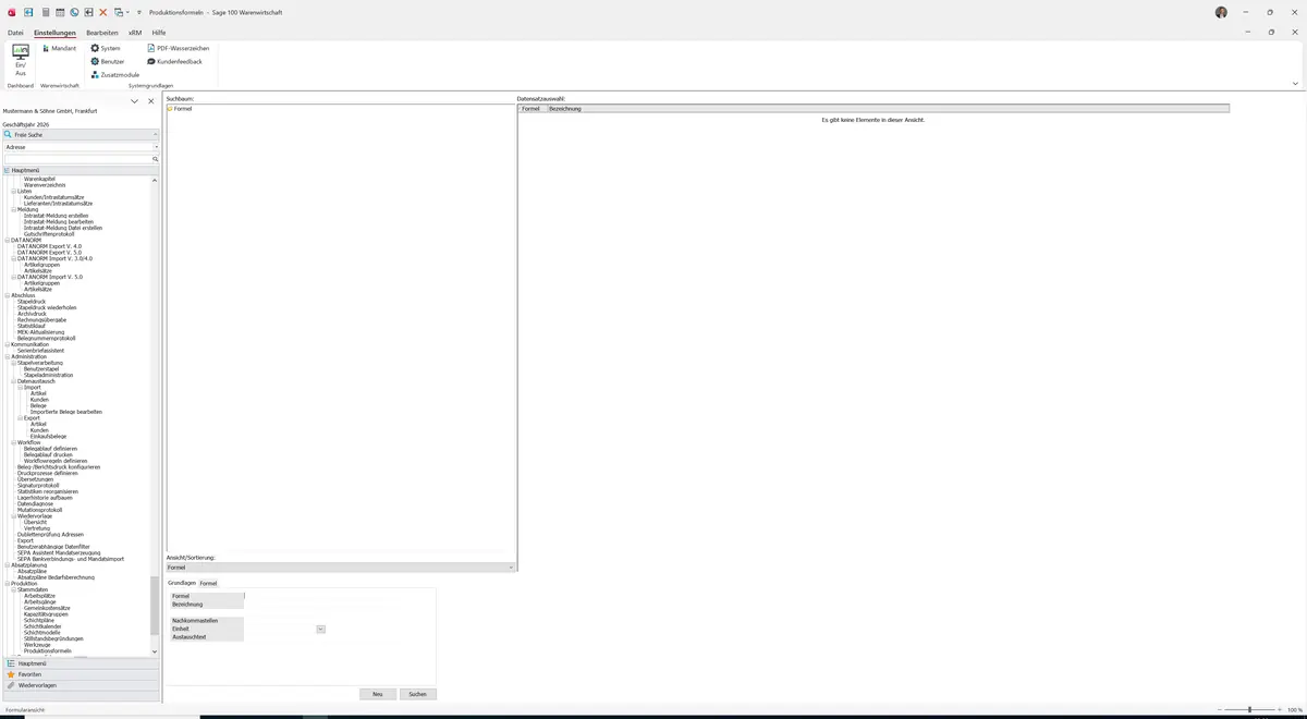 Sage 100 9.0.5.11 Produktionsformeln: Maske Produktionsformeln