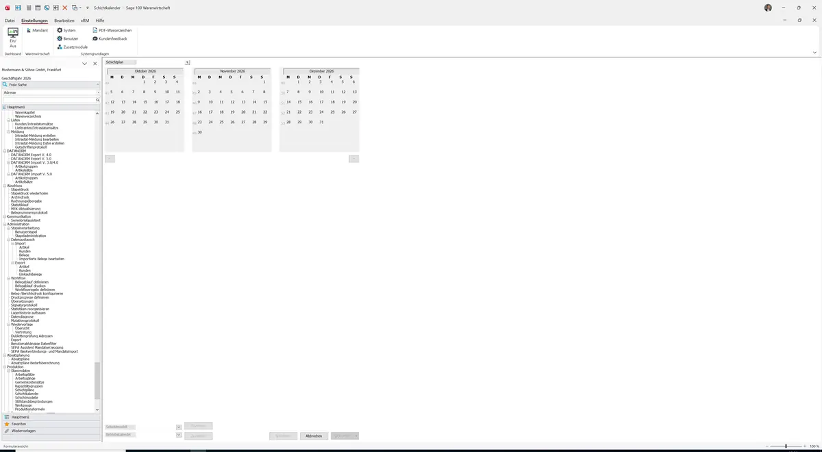 Sage 100 9.0.5.11 Schichtkalender: Maske Schichtkalender