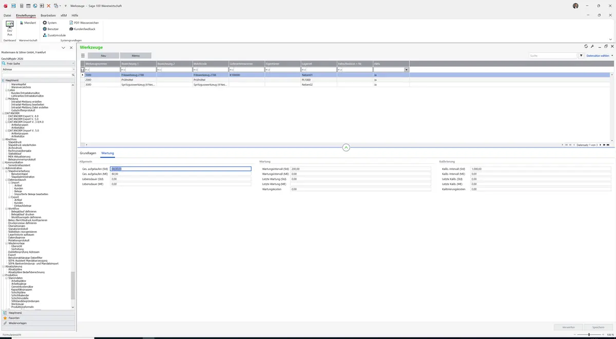 Sage 100 9.0.5.11 Werkzeuge: Register Wartung